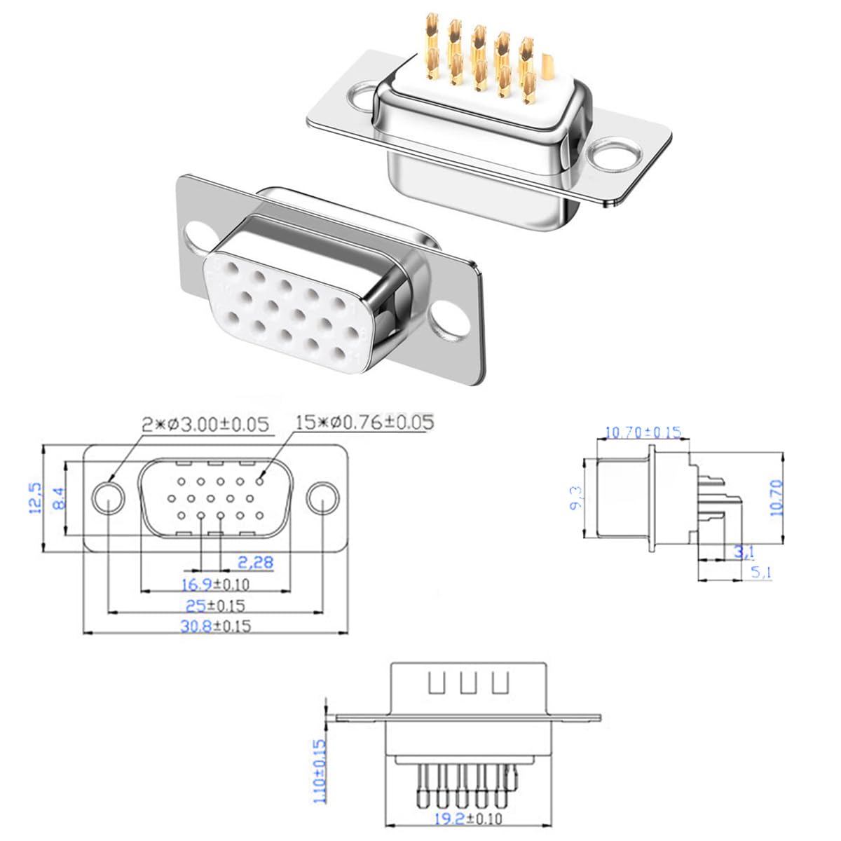 Jienk 10PCS VGA Male Female DB15 3Row Solder Cup Connectors, Gold Plated Joints Solder Type D-SUB HD15 15Pin D Sub Couplers(Male x 5, Female x 5)