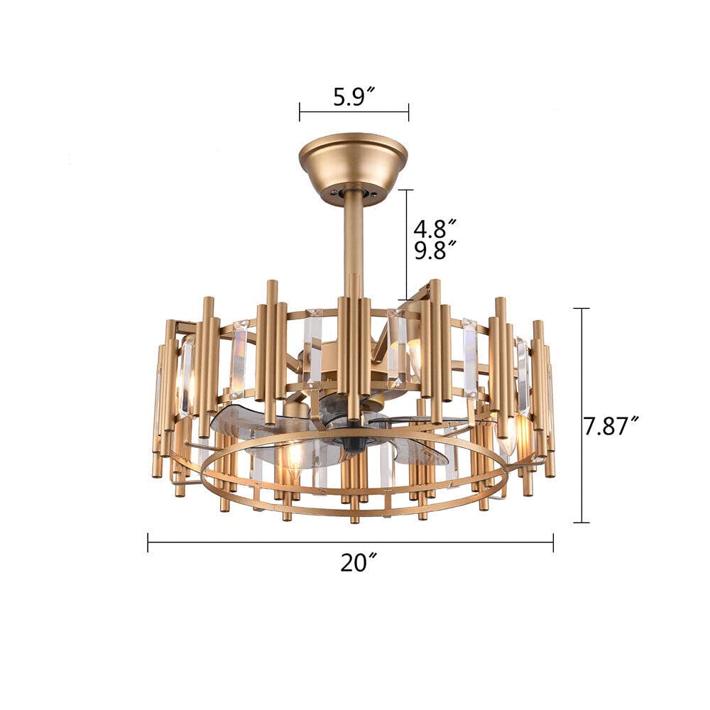 DRIKH 20" Ceiling Fan Light,Fixture Matte Gold Flush Mount Chandelier Lamp with Remote Control 3-Speed Wind Speed for Living Room Dining Room Bedroom
