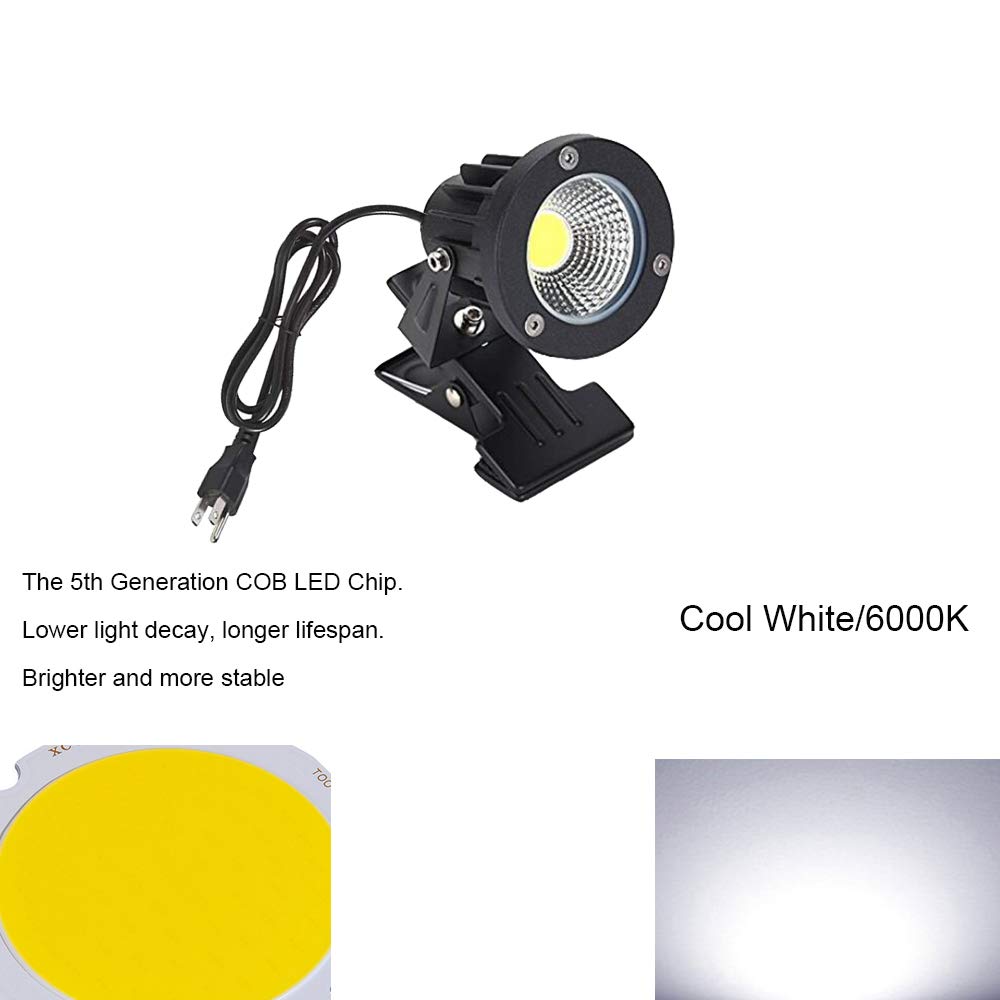 Youngine Outdoor 1pc 5W COB LED Clip on Light, IP65 Waterproof Adjustable Desk Stand COB Spotlights with Clip and US Plug for Flag Coffee Shop (Cool