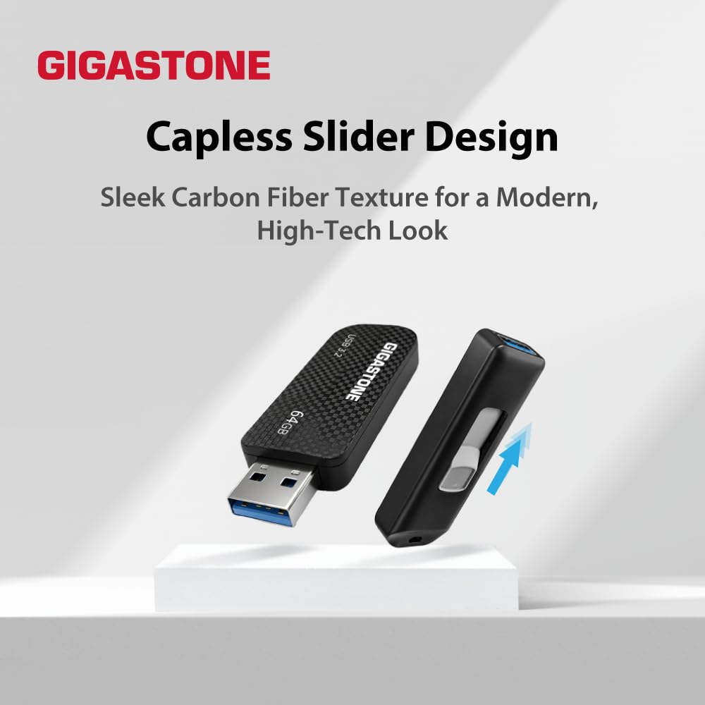 GIGASTONE 64GB USB 3.2 Flash Drive, 80MB/s High-Speed Data Transfer, Carbon Fiber Design, Retractable