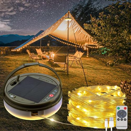 Solar Camping String Lights, 39.4 FT Fairy String Light, 4 in 1 Portable Waterproof Camp LED Lamp with 8 Lighting Modes, Hanging Rechargeable Tent