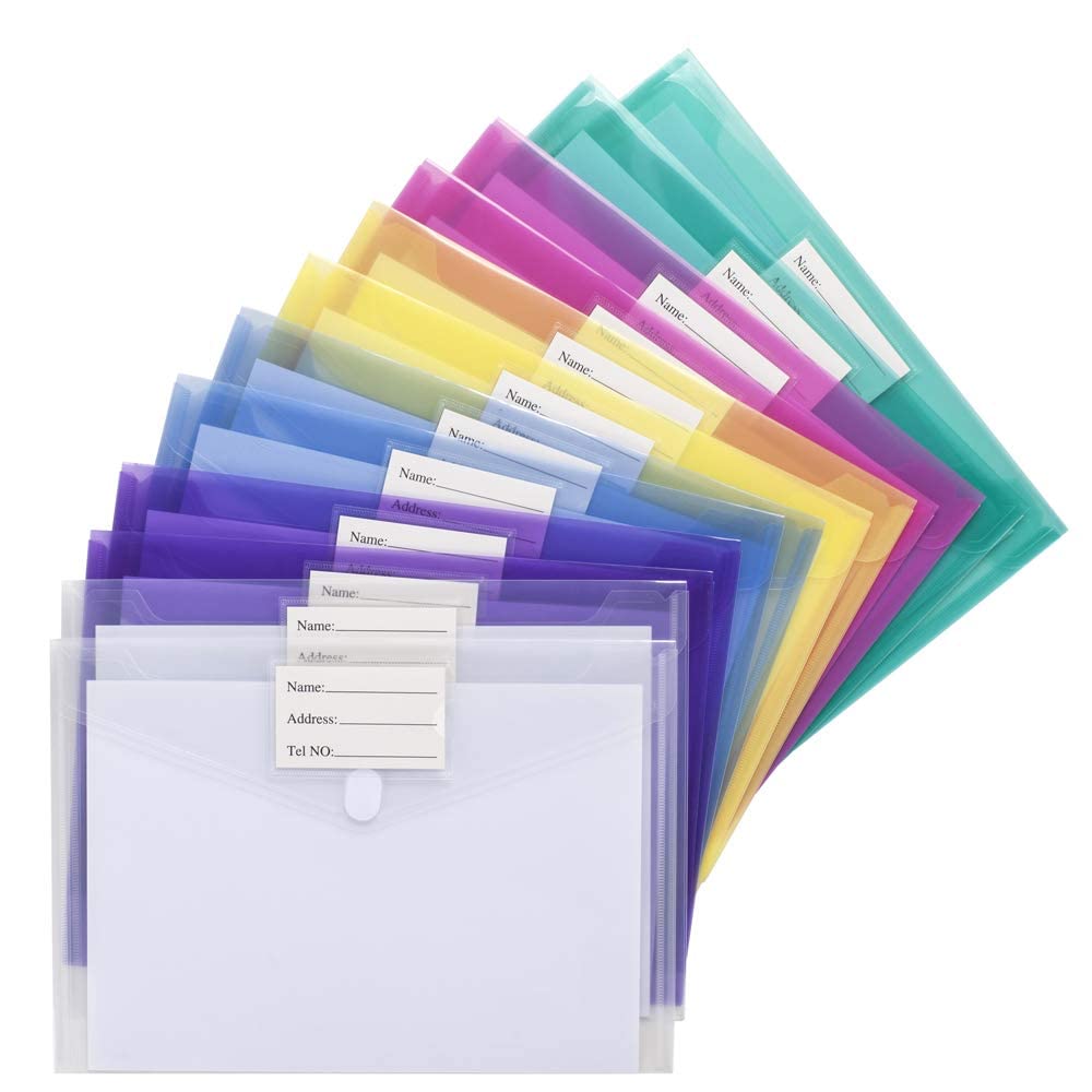 Sooez 24 Pack File Folders, Clear Poly Envelopes Plastic Folders, Folder for Documents Letter A4 Size with Label Pocket, Teacher School Office