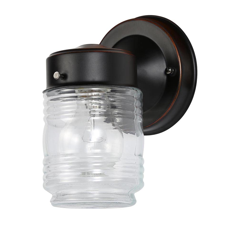 Design House Jelly Jar 1 Light Wall Light, Oil Rubbed Bronze, Outdoor Downlight, Clear Glass, Wet Rated, 7.5 in H x 4.5 in L x 5.25 in W, 60W Medium