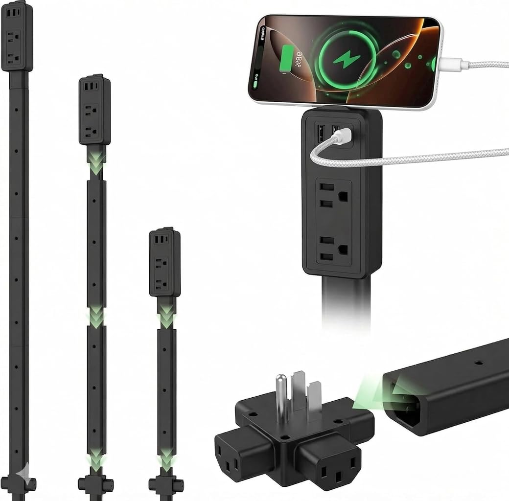 Hard-to-Reach Outlet Extender Stick, Extendable 8.3-36.1 in Slim Wall Outlet Extender with 2 AC Outlets, 2 USB-A & 1 USB-C, Low-Profile Power Stick