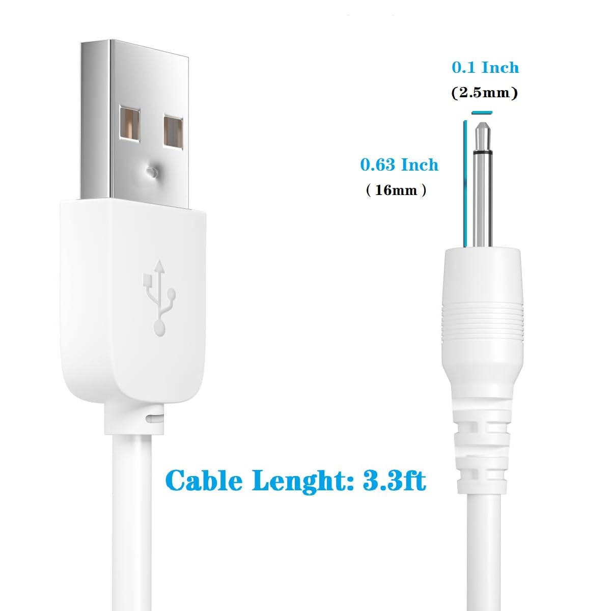 ToneFusion DC Charging Cable USB 16mm Charger Cord Replacement (White) - 3.3ft Cord Fast Charging for Rechargeable Adult Toys Vibrators