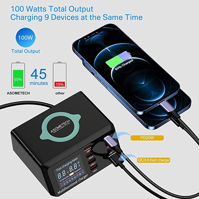 USB Charger Hub ASOMETECH 100W 8-Port Desktop Multiple USB Charging Station with PD Port, Quick Charge 3.0 Port, Wireless Charger, LCD Display Fast