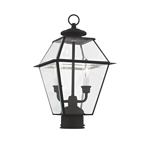 Livex Lighting 2284-04 Westover 2 Light Outdoor Black Finish Solid Brass Post Head with Clear Beveled Glass, 16.50x9.00x9.00