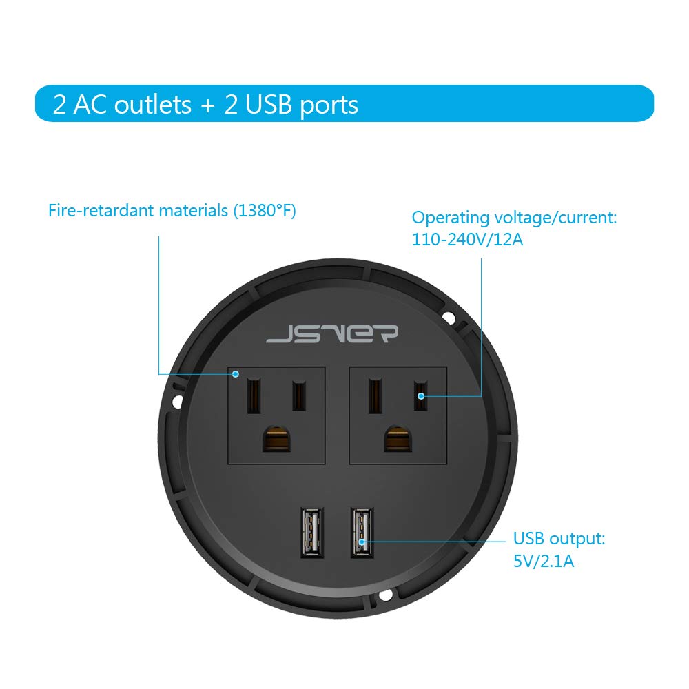 Desktop Power Grommet JSVER Mini Desktop Power Strip Hide Recessed Power Grommet Socket with 2 AC Outlets and 2 USB Charging Ports,Cable for a 3-1/8