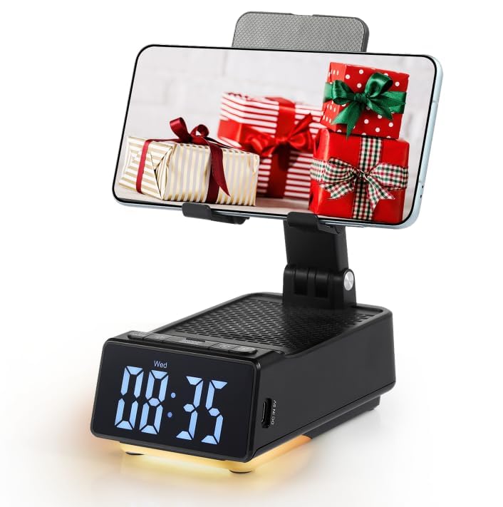Father's Day Gifts for Dad, Birthday Gifts for Men, 7 in 1 Phone Stand Bluetooth Speaker with Alarm Clock, Wireless Charger, Light, USB Playback