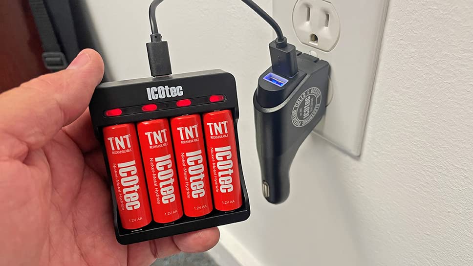 ICOtec TNT Rechargeable AA Battery Kit - 2700mAh - Long Life - High Capacity - 1,200 Charge Cycle Life, Includes: AC/DC Power Inverter, Charger…