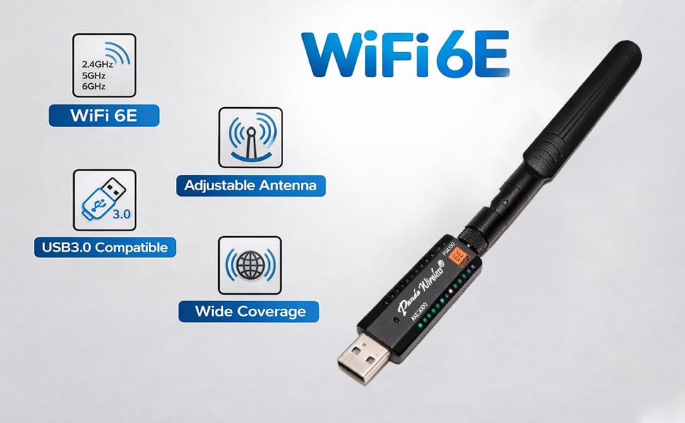 Panda Wireless® PAU0G AXE3000 Tri Band (2.4/5 / 6 GHz) WiFi 6E USB 3.0 Adapter - Windows 10/11, Zorin, MX Linux, EndeavourOS, Mint, Ubuntu, Manjaro