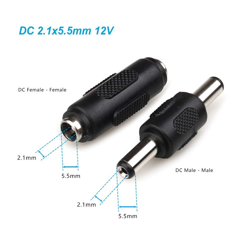 bnafes 5pcs Male to Male Power Plug Connector & 5pcs DC 5.5x2.1mm Female to Female Power Jack Connector Adapter for CCTV