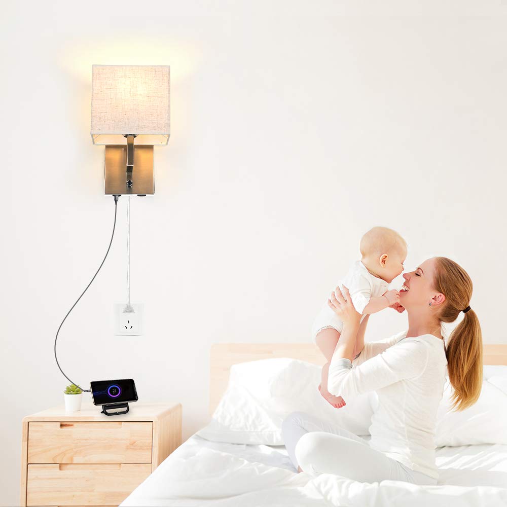 Bedside Wall Mount Light with Dimmer Switch and Two USB Charging Port,Fabric Linen Shade Wall Sconces Light with Plug in Cord and Satin Nickel Finish