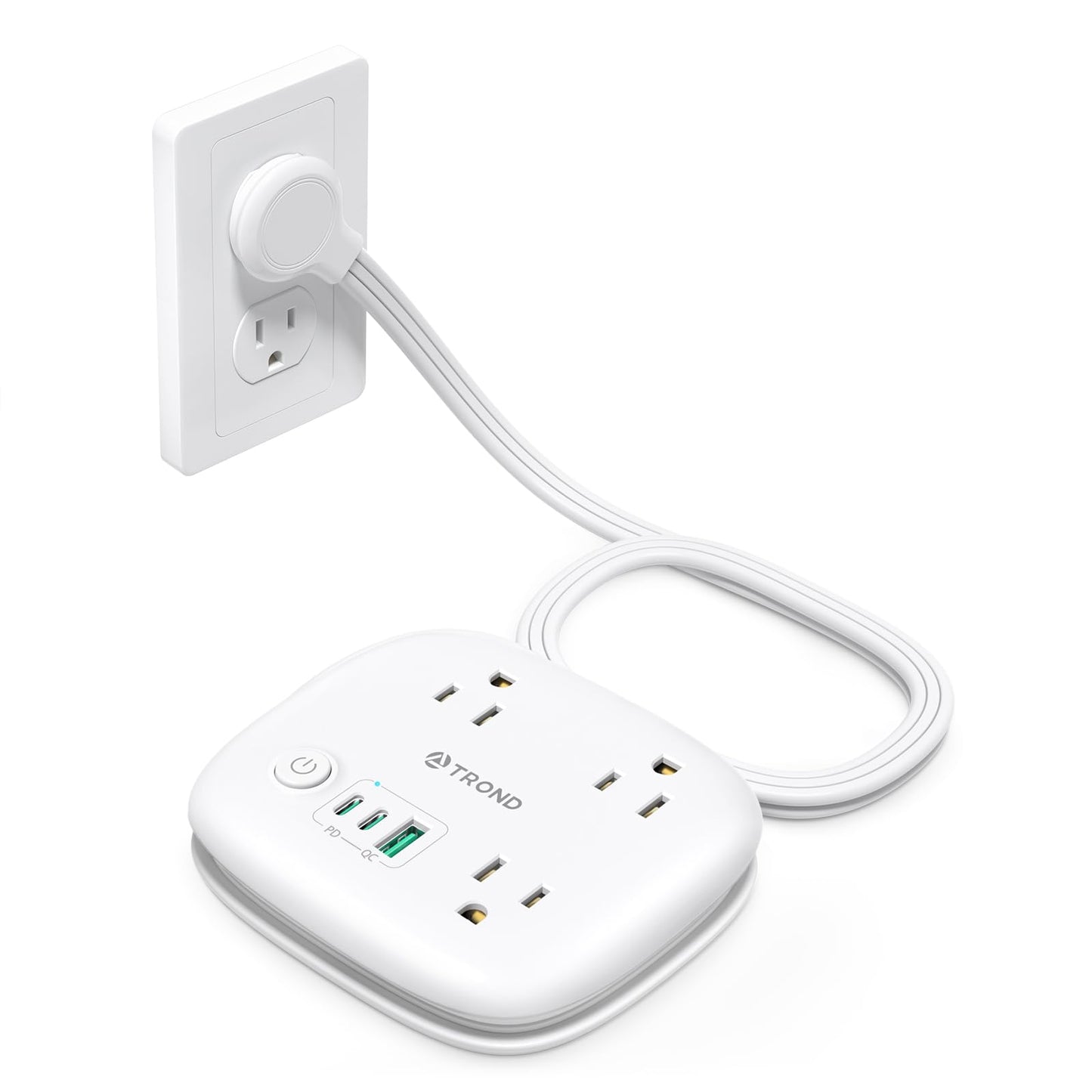 TROND Travel Power Strip with PD 20W USB C, Extension Cord with 3 Widely Spaced Outlets and Fast Charging USB, 2.6FT Wrapped Around Power Strip