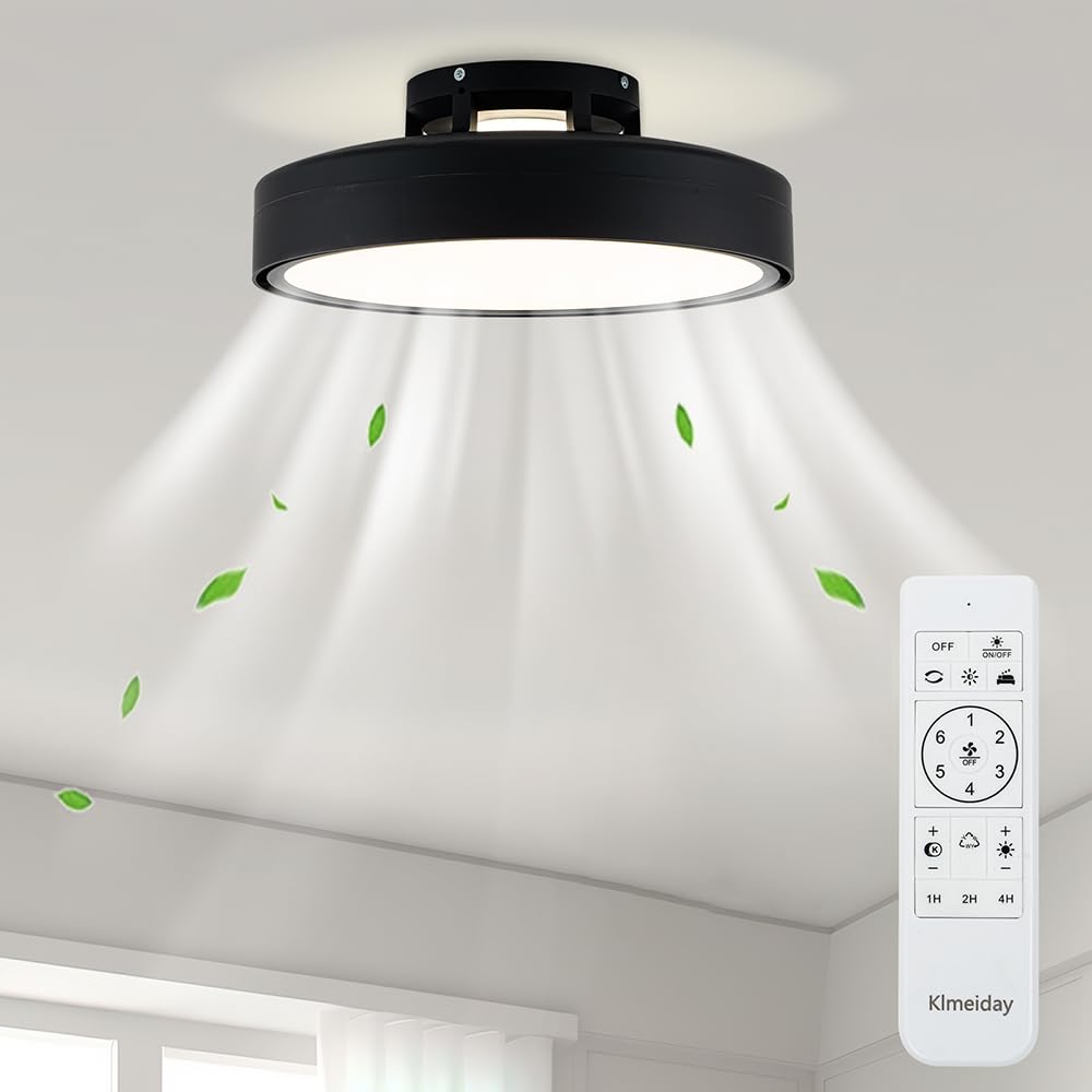 Klmeiday Ceiling Fans with Lights and Remote, Flush Mount Modern Bladeless Ceiling Fan with Light, 6 Speeds, Stepless dimming and CCT 3000K-6000K LED
