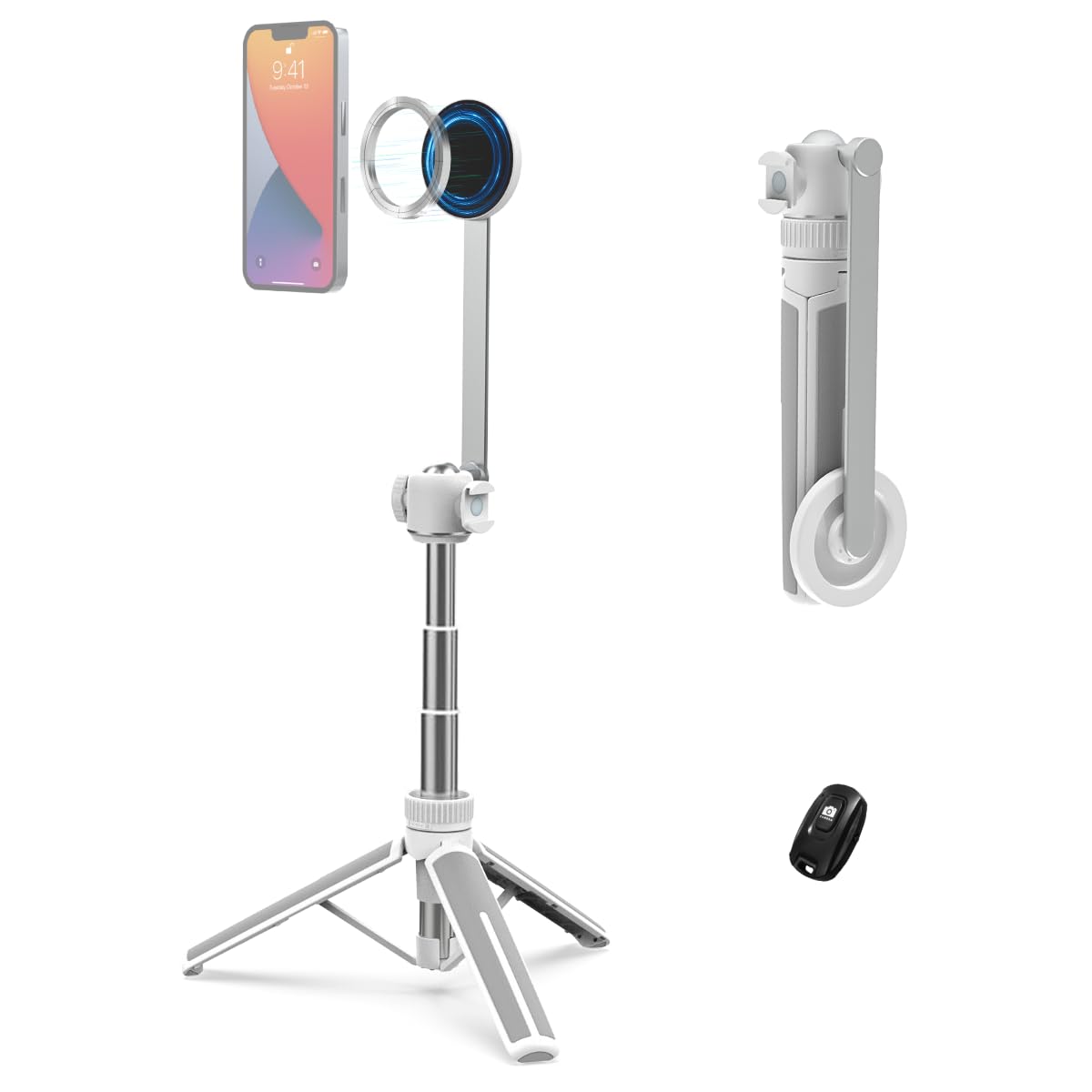 PHOPIK 35" Magnetic Selfie Stick Phone Tripod, Extendable Phone Tripod with Cold Shoe and Remote,Compatible with iPhone/Android/Sport Camera Perfect