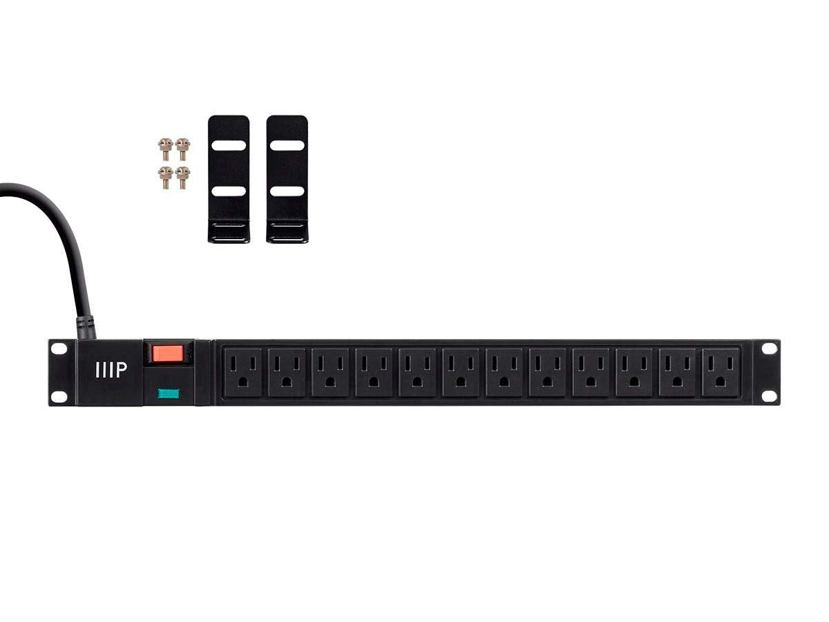 Monoprice 12 Outlet 1U Rackmount Power Distribution Unit - NEMA 5-15R, Surge-Protected Sockets, 1050 Joules, 6 Feet Cord