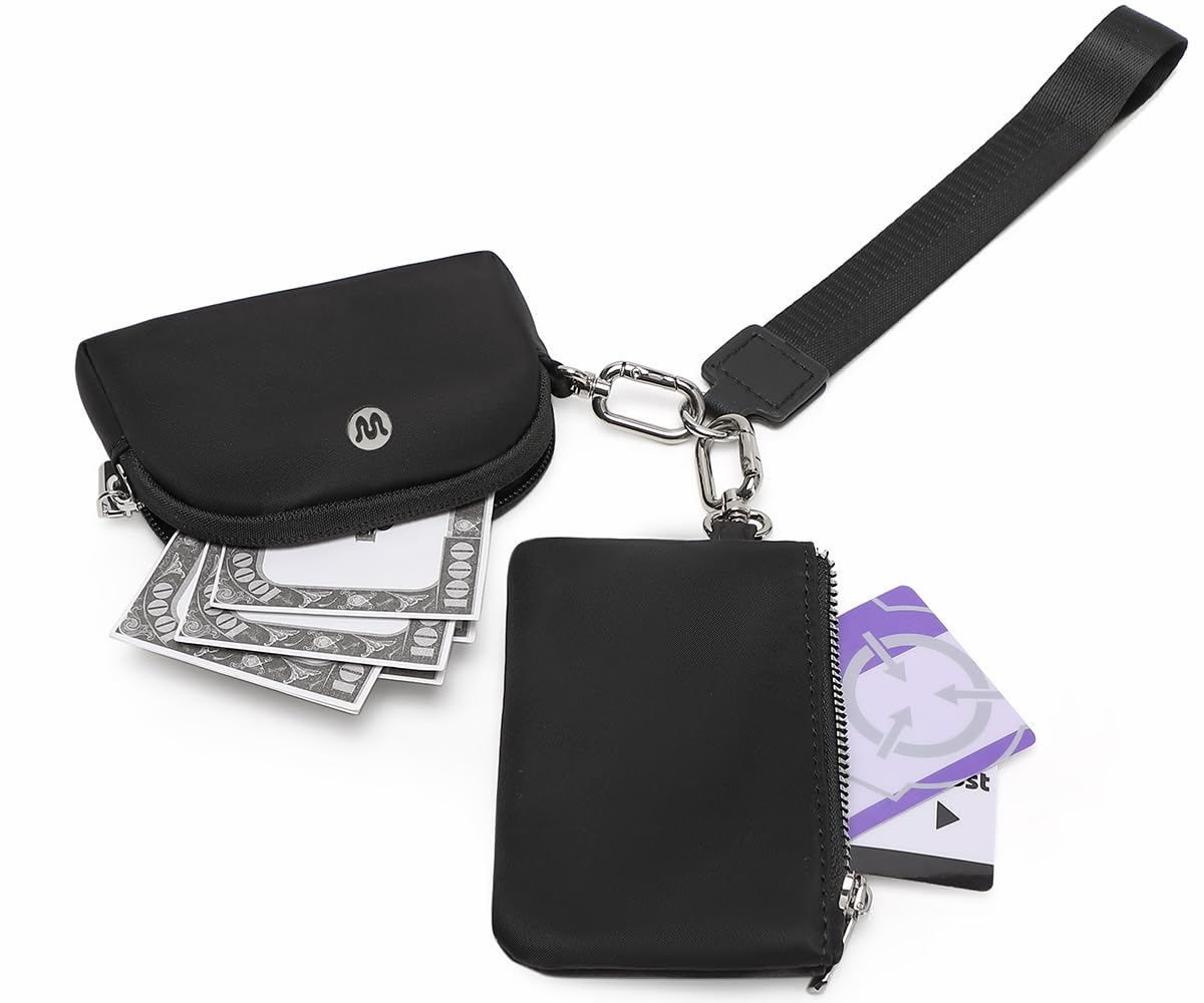 WSRYDJDL Mini Zip Around Wristlet Wallet for Women Detachable Dual Pouch Wristlet Portable Coin Pocket Keychain Small Purse (Black+Black)