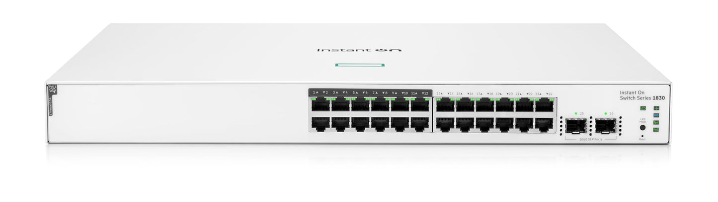 HPE Networking Instant On Switch Series 1830 24-Port Gb Smart-Managed Layer 2 Ethernet Switch with PoE | 24x 1G | 2X SFP | 12x CL4 PoE (195W) |