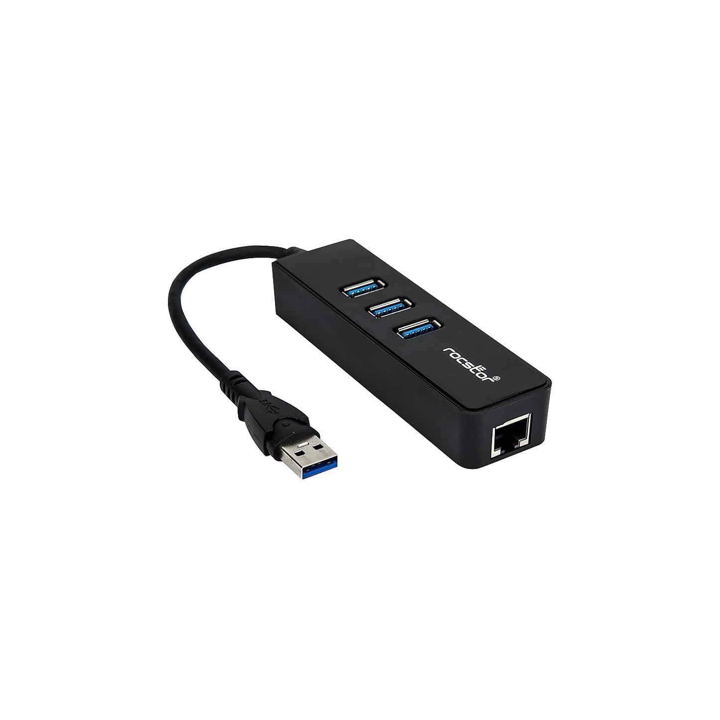 Rocstor Y10A179-B1 Premium 3 Port Portable USB 3.0 Hub with Gigabit Ethernet 10/100/1000- External Portable 3 Port USB Hub with GbE Adapter - Built-in