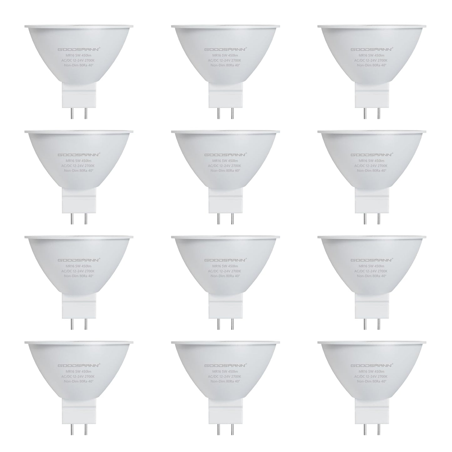 GOODSMANN 12-Pack MR16 LED Bulbs, 12V-24V AC/DC Low Voltage Landscape Light Bulbs, 5W (50W Halogen Equiv.), 450LM 2700K Warm White, GU5.3 Bi-Pin Base