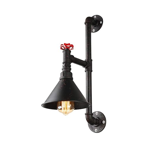 Industrial Rustic Vintage Pipe Wall Sconce - LITFAD Steampunk Pipe Edison Wall Light LED Wall Lamp Mounted Lighting Fixture with Cone Shade Rust
