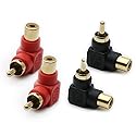 rgzhihuifz RCA Male to RCA Female Connectors Right Angle Plug Adapters M/F 90 Degree Elbow Gold-Plated (2 Black + 2 Red) (4-Pack)