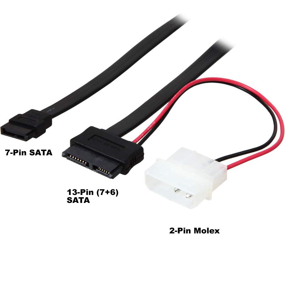 AYA 20" (20-Inch) Slimline SATA 13-Pin (7+6) to SATA 7-Pin with Molex Power Adapter