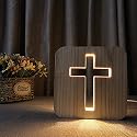 WLHONG Easter Decorations Cross Shaped Wood Bedside Lamp, Jesus Cross 3D LED Optical Night Light, Personalized Room Decor Best Birthday Christian