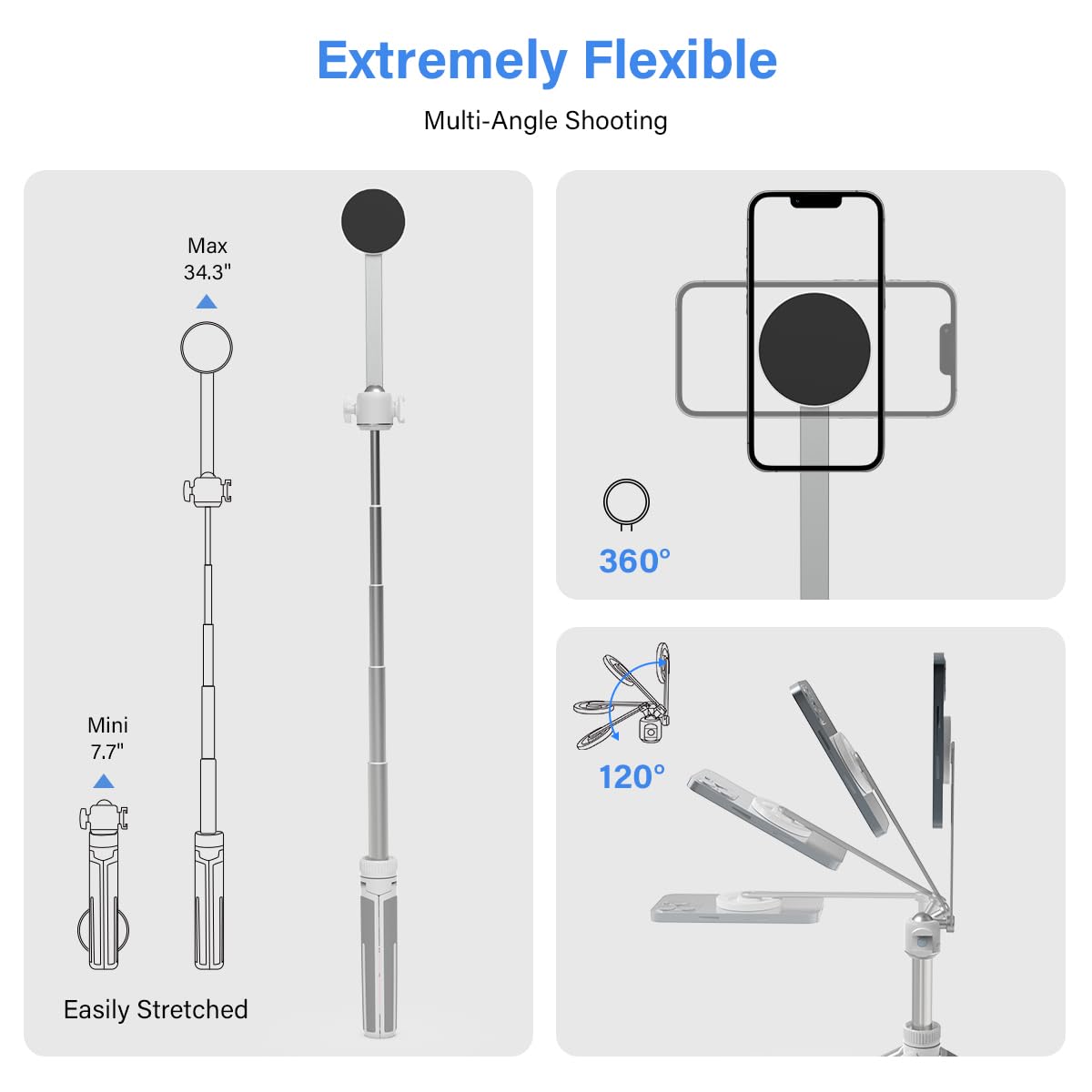 PHOPIK 35" Magnetic Selfie Stick Phone Tripod, Extendable Phone Tripod with Cold Shoe and Remote,Compatible with iPhone/Android/Sport Camera Perfect