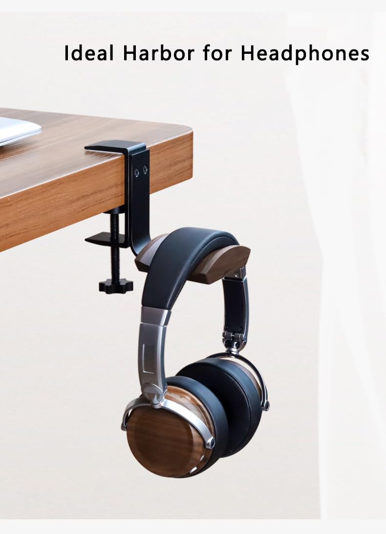 Jcurycke Headphone Holder with 6cm Wide Walnut Headrest,Adjustable Clamp-on Headset Stand Desk Headset Holder for Over Ear and Gaming