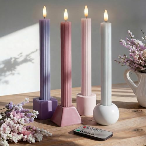 West Ivory Dusty Mauve Coordinated Pinkish Lilac 4 Pack, 10" Real Wax LED Flameless Fluted Ribbed Grooved Taper Candles, Remote & Timer, On/Off