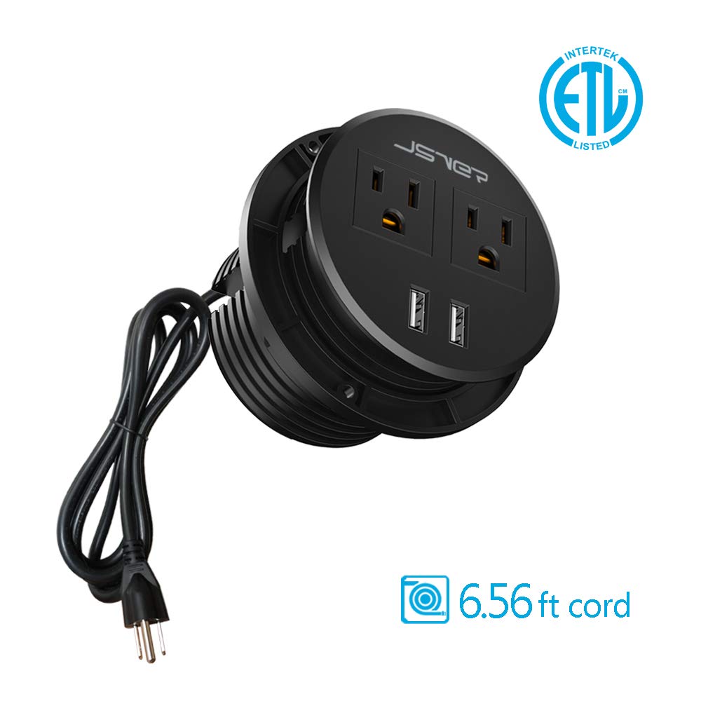 Desktop Power Grommet JSVER Mini Desktop Power Strip Hide Recessed Power Grommet Socket with 2 AC Outlets and 2 USB Charging Ports,Cable for a 3-1/8