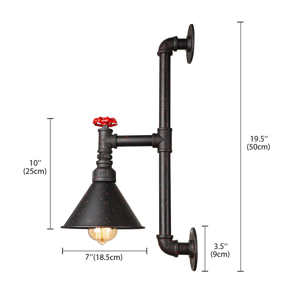 Industrial Rustic Vintage Pipe Wall Sconce - LITFAD Steampunk Pipe Edison Wall Light LED Wall Lamp Mounted Lighting Fixture with Cone Shade Rust