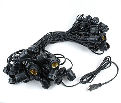 Novelty Lights 100 Feet, 50 in-Line E26 Sockets, S14 String Light Set with Clear Incandescent Bulbs, Heavy Duty Black Wire Patio Lights, Weather