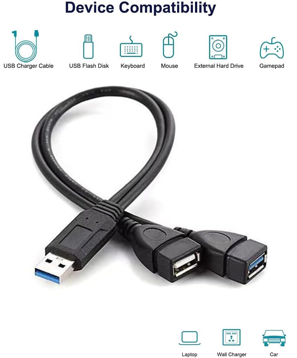 Eanetf USB 3.0 Female to Dual USB Male Splitter Cable, 2 Pack