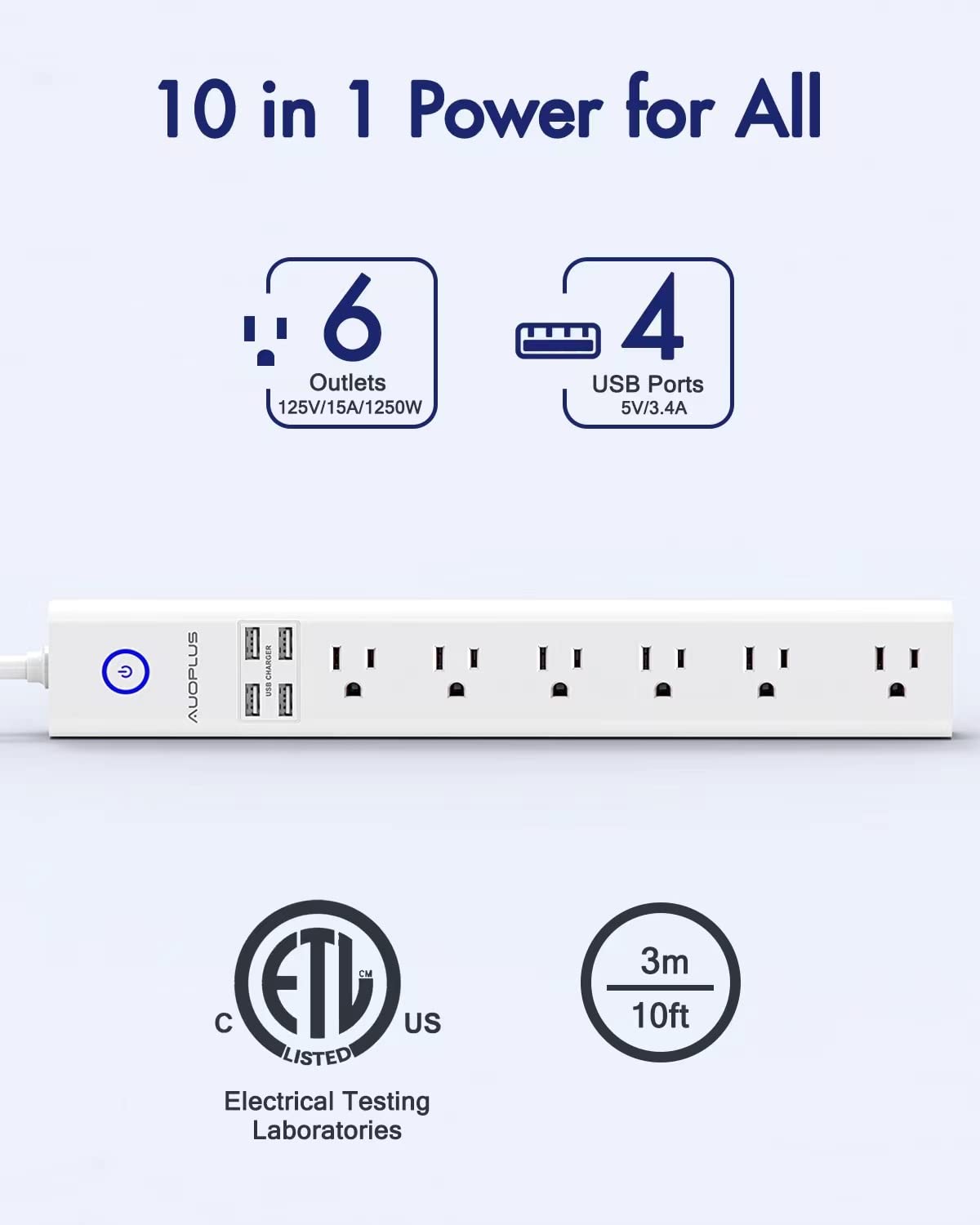 Power Strip 10Ft - Surge Protector with USB, AUOPLUS 6 Outlet and 4 USB Charger, 10Ft Long Extension Cord Flat Plug(1250W/10A/2100J), Wall Mountable