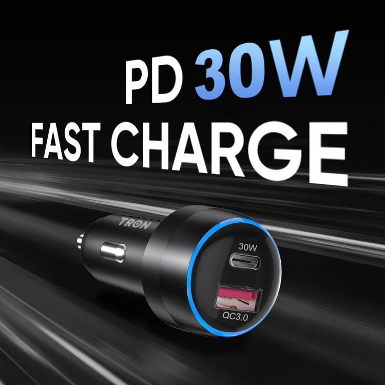 TRON 48W Car Charger, Dual Port Fast Charging, Overheat HeatProtection, QC3.0 18W & PD 3.0 30W, DC 12-24V Input, PC Fireproof Aluminum Alloy