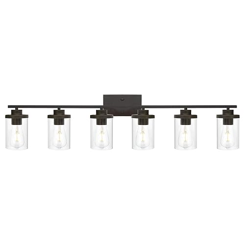 QueeuQ Oil Rubbed Bronze Bathroom Vanity Lights 6 Light, Bronze Vanity Lighting Fixtures with Glass Shade,Industrial Bathroom Light Fixtures Wall