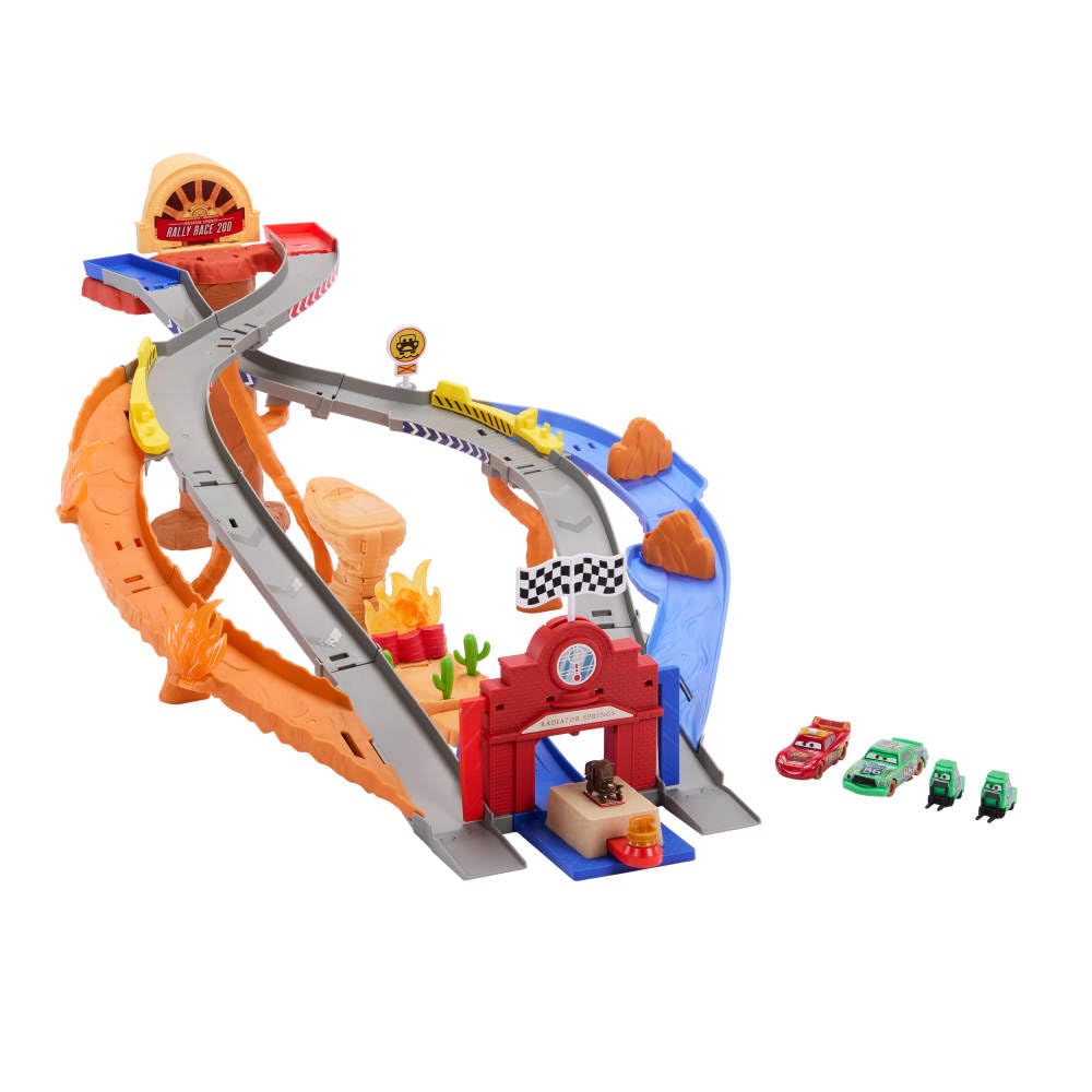 Mattel Disney and Pixar Cars Toy Playset, Lightning McQueen & Chicks Hicks & 2 Pitty Crew Vehicles, 2 Ways to Race, Race & Rescue Rescue Road Raceway
