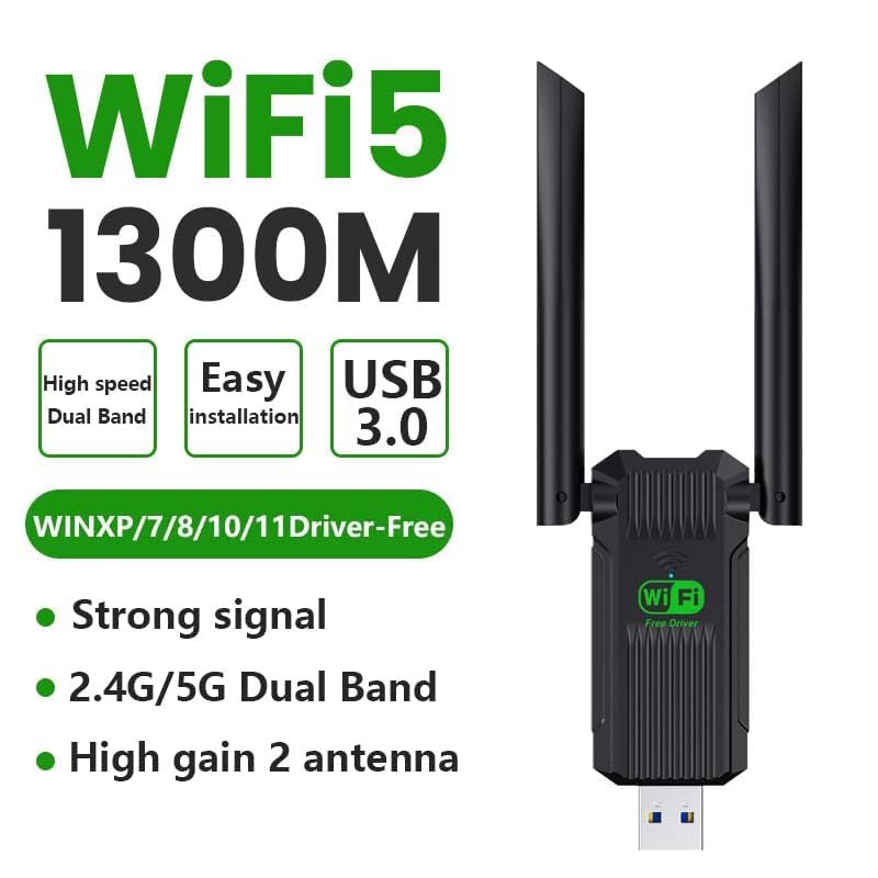 USB WiFi Adapter,1300Mbps WiFi USB 3.0 Dual Band 5G/2.4G, Dual 2dBi Antennas, Supports Windows11/10/8.1/8/7, Wireless Adapter for Desktop Computer