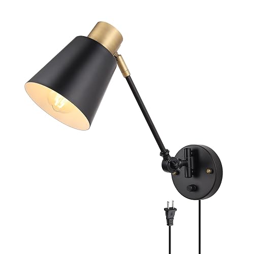 GOODATE Dimmable Wall Lamp with Plug in Cord, Plug in Wall Sconces, Swing Arm Wall Light with On Off Switch, Metal Black Brass Industrial Wall Lamp