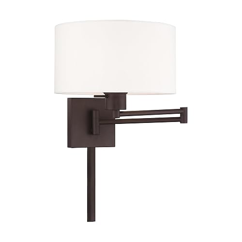 Livex Lighting 40036-07 24.25" One Light Swing Arm Wall Mount, Bronze Finish with Off-White Fabric Shade