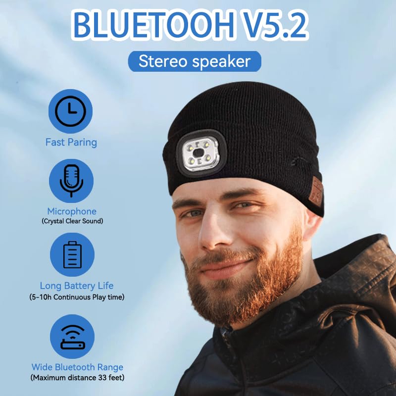 Smerk Bluetooth Beanie Hat with Light, Knitted Musical USB Rechargable LED Headlamp Wireless Headphones Music Cap, Gifts for Men Dad