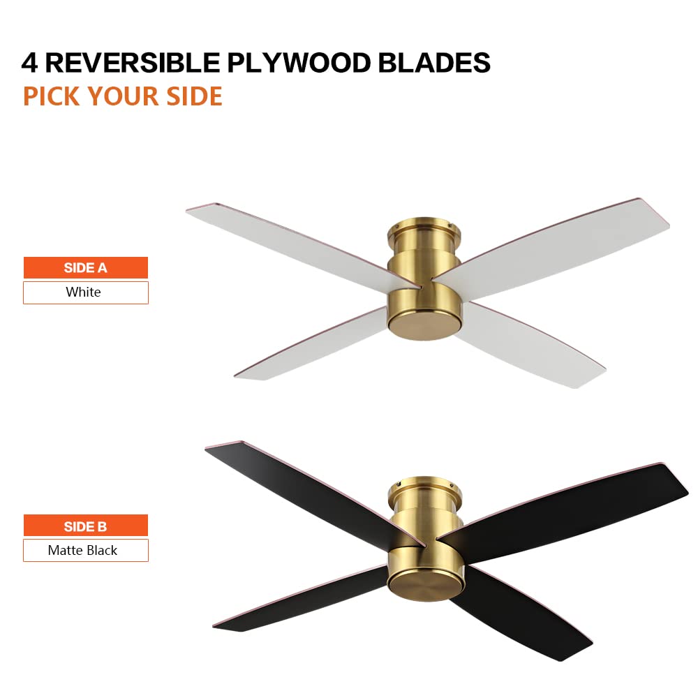 WINGBO 52" Flush Mount DC Ceiling Fan without Lights, 4 Reversible Blades, Ultra Quiet 6-Speed DC Motor, Hugger Low Profile Indoor Ceiling Fan No