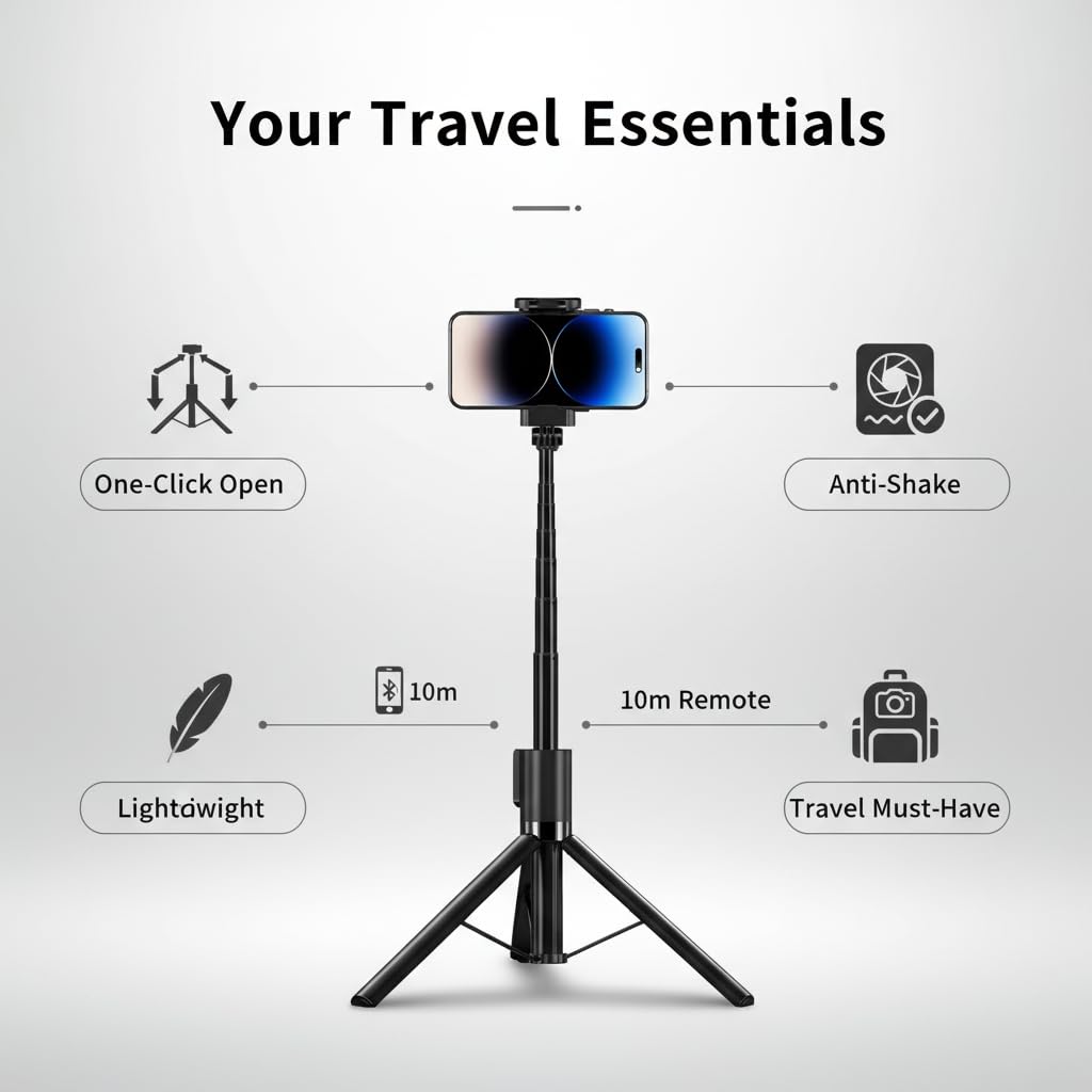 70“ Selfie Stick Tripod for iPhone/Android - Expandable Phone Tripod with Fill Light, 10M Bluetooth Remote Control, one Click Open Selfie Stick