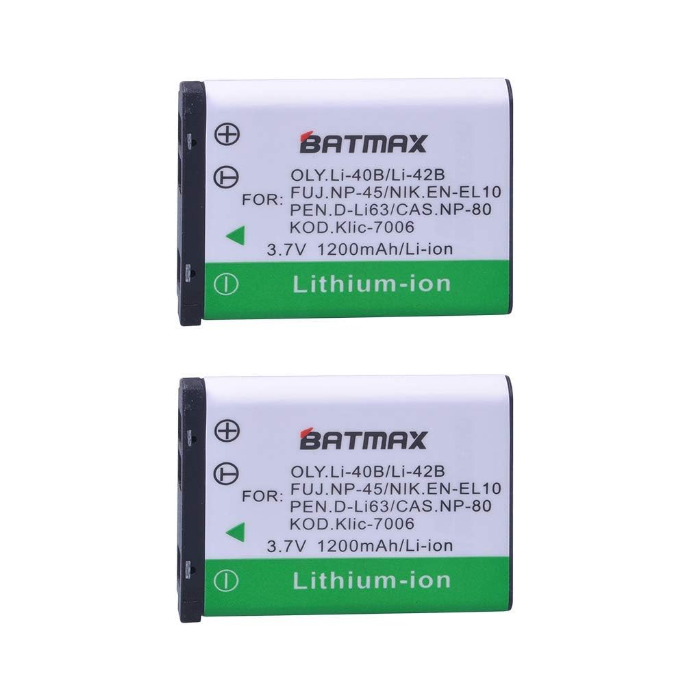 Batmax 2Pcs EN-EL10 NP-45 Li-40B Battery + Quick LED Dual Charger for Fujifilm NP 45 Nikon EN EL10 Olympus LI-42B LI-40B, Kodak KLIC-7006, Casio