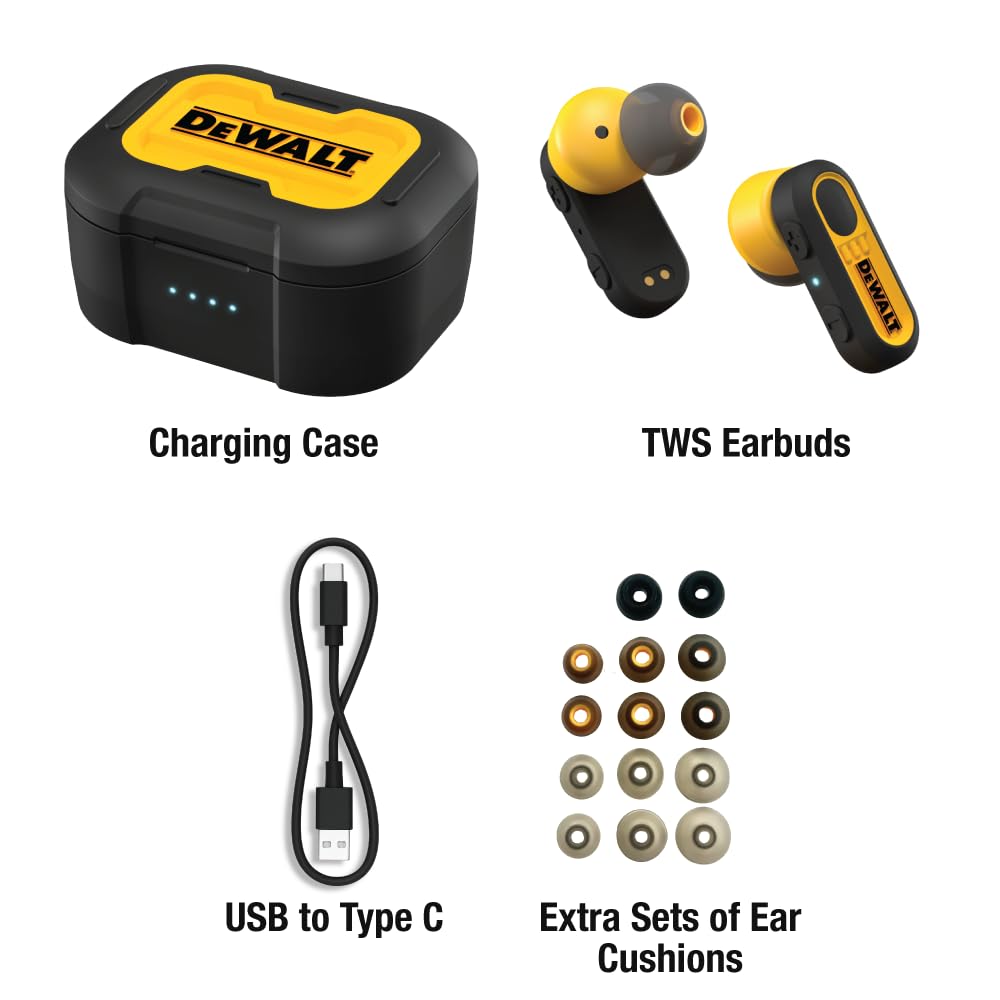 DEWALT Heavy Duty True Wireless Ear Buds, Bluetooth Headphones with Type C Charging Case Included, Over 37 Hours of Battery Life, Easy Setup