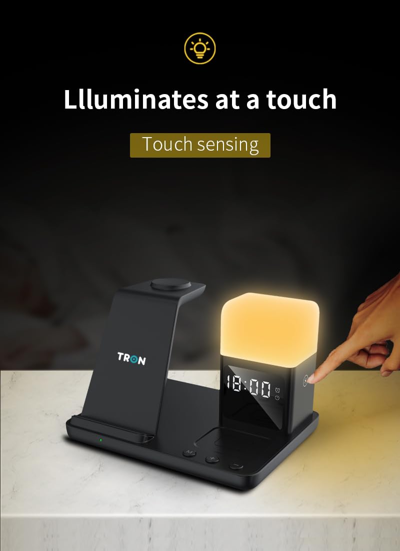 Tron Multifunction, 6 in 1- Wireless Charger Fast Charging for iPhone, Apple Watch & Airpods with Lamp & Clock TR20 Model