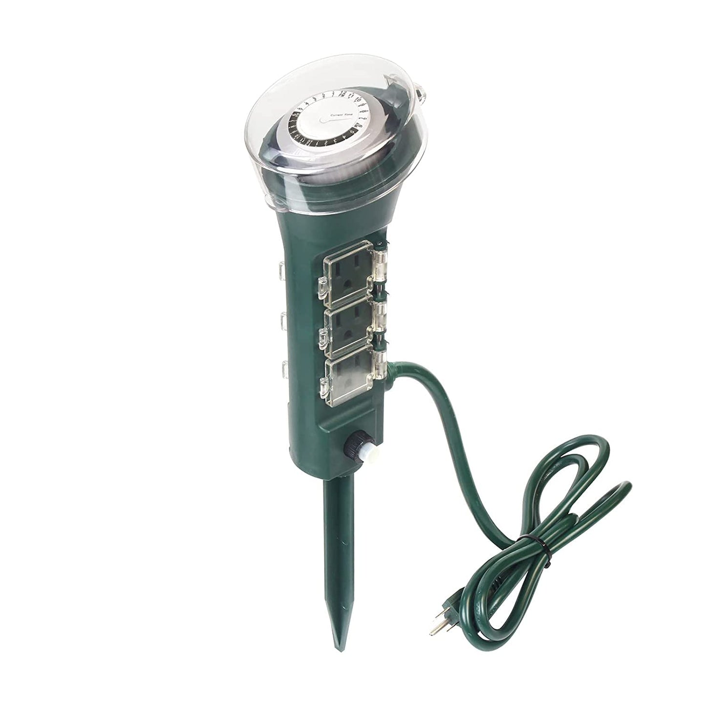 Clear Power Outdoor Power Strip Yard Stake Programmable Mechanical Timer, 6 Grounded Outlets - 6 ft Cord, Weatherproof for Outdoor Lamps Lights Ponds